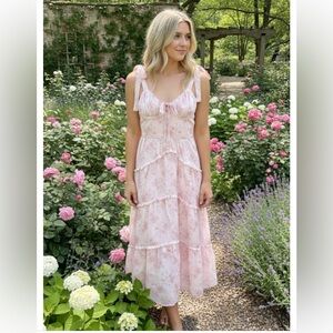 Lulus pink floral tiered midi dress tie shoulders zip closure feminine flirty S